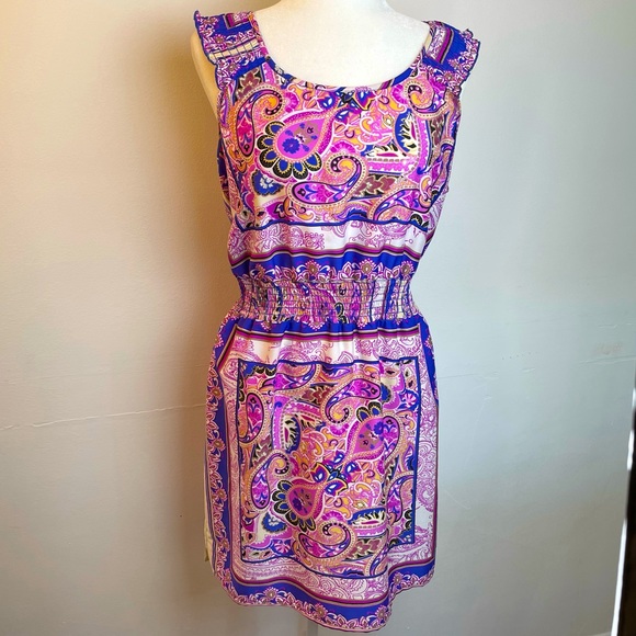 Mimmer Dresses & Skirts - Mimmer Bohemian Vibrant Paisley Print Satin Sleeveless Dress Women’s size Large